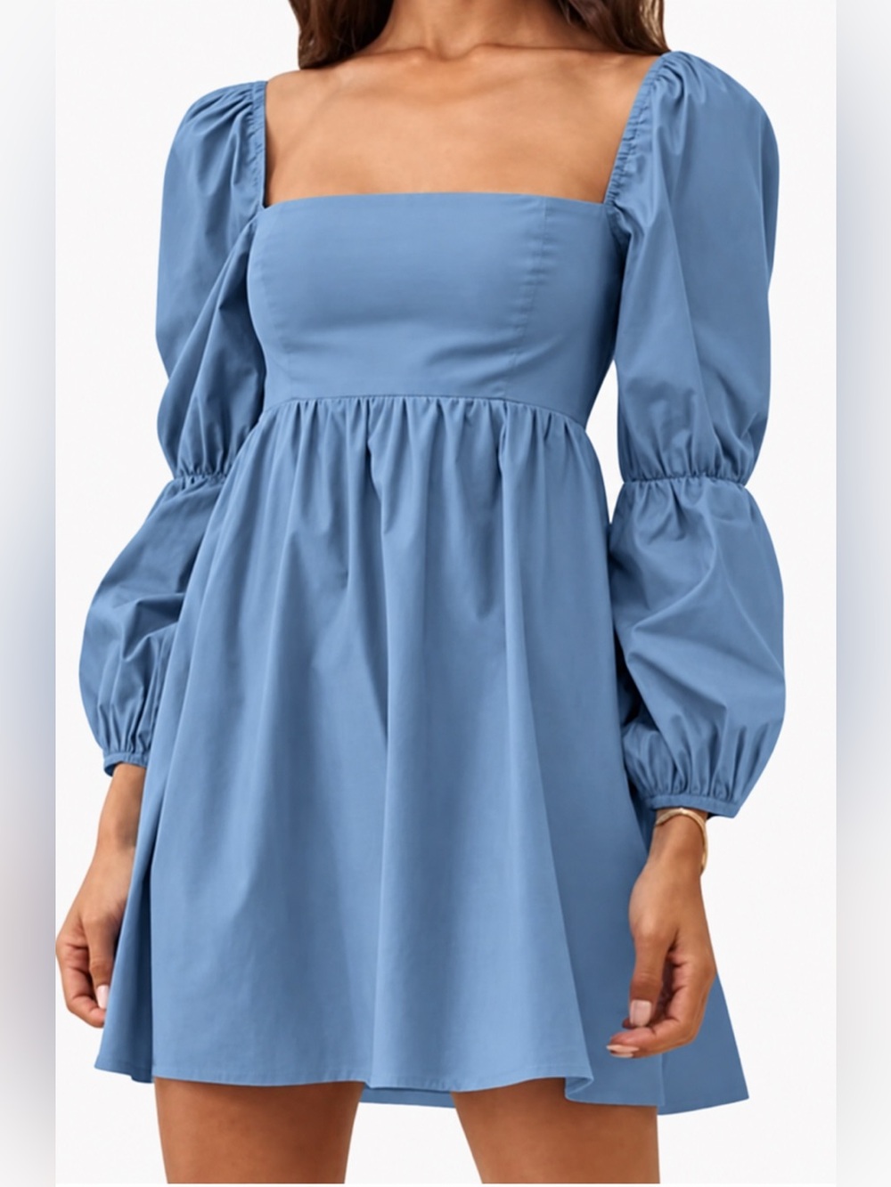 Square-Neck Puff Sleeve Casual Dress in Dusty Blue